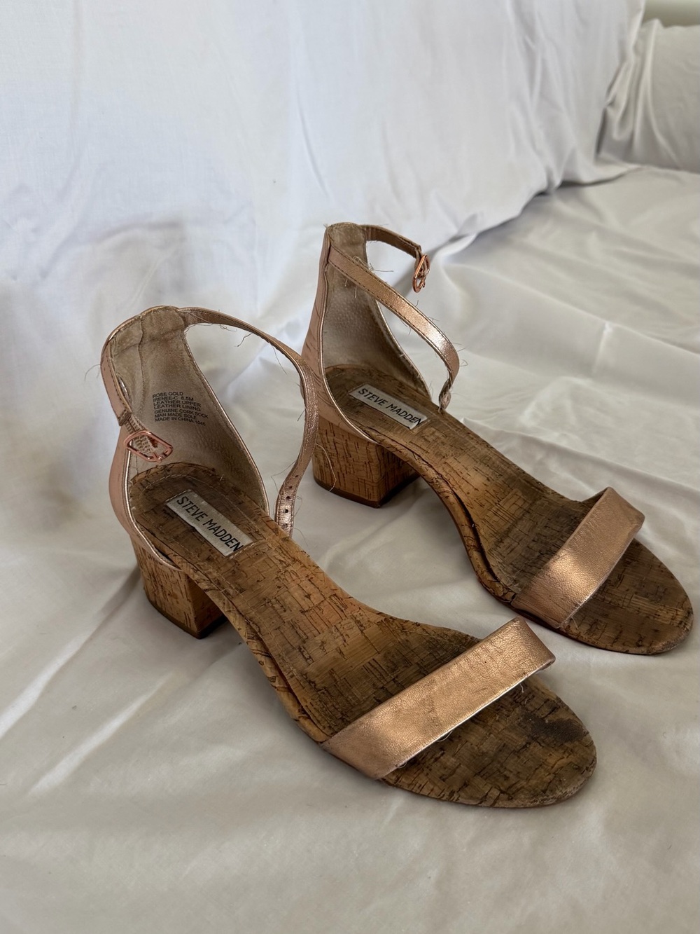 Steve Madden Metallic Rose Gold Ankle Strap Cork Block Heels - Picture 2 of 3